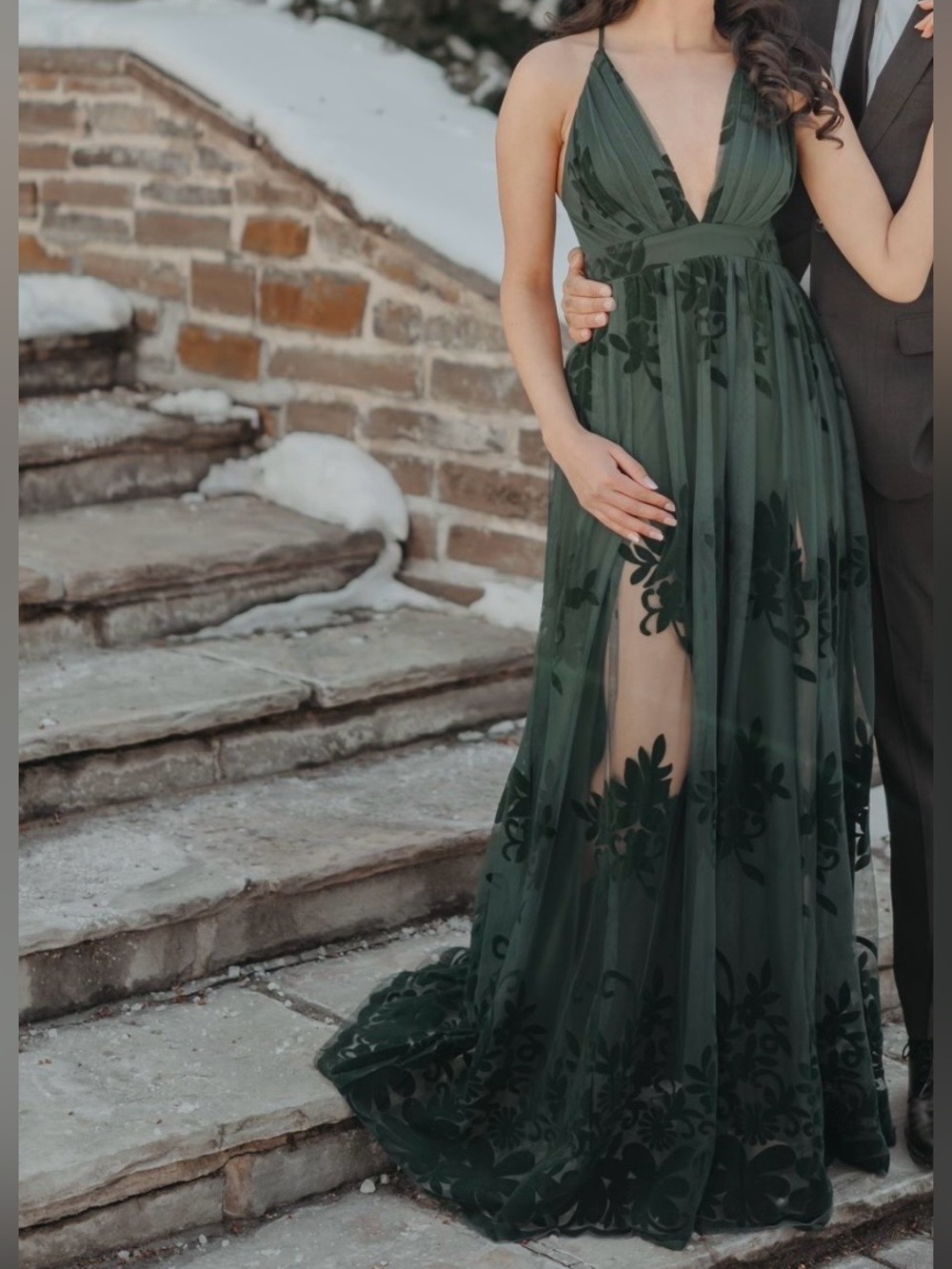 Luxxel Emerald Green Tulle Gown Velvet Floral Maxi Dress S